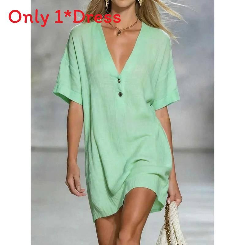 Cotton Linen Summer Dress For Women With Vneck Halfopen Collar Casual Aline Style