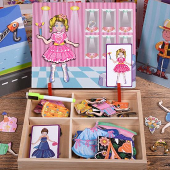 Magnetic Block Puzzle Board Game Educational Logic Thinking Training Facial Feature Vehicle Circus Attire Princess Dressing Wooden Puzzle Matching Toy