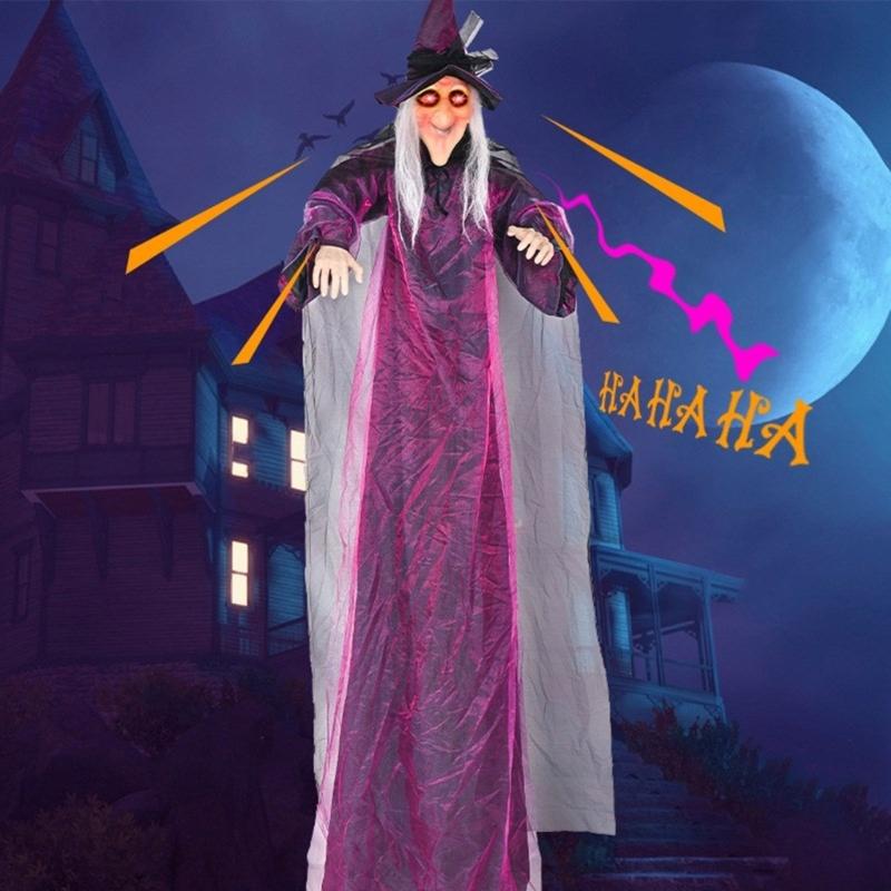 Светящаяся игрушка-ведьма на Хэллоуин, реагирующая на звук, с подсвеченными глазами. Портативное подвесное украшение для жуткого празднования.