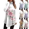 Casual Fashion Floral Print Shirt Tops High Neck Irregular Hem Long Sleeve Pullover Tops