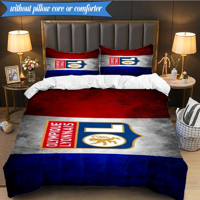 3PCS Lyon Football Crest Printed Soft Bedding Set,Including 1pc Duvet Cover And 2pcs Pillowcases Perfect for Bedroom, Dormitory, Fan gift