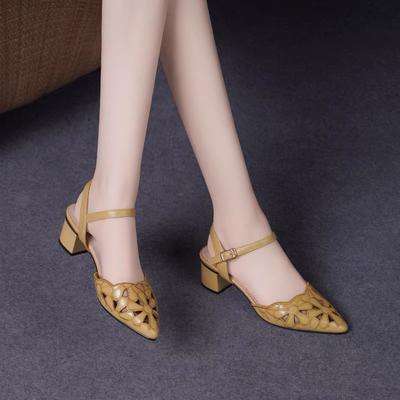 Женские босоножки с вырезами, толстый каблук, острый носок, один ремешок, корейский стиль, летняя обувь, ортопедический комфорт