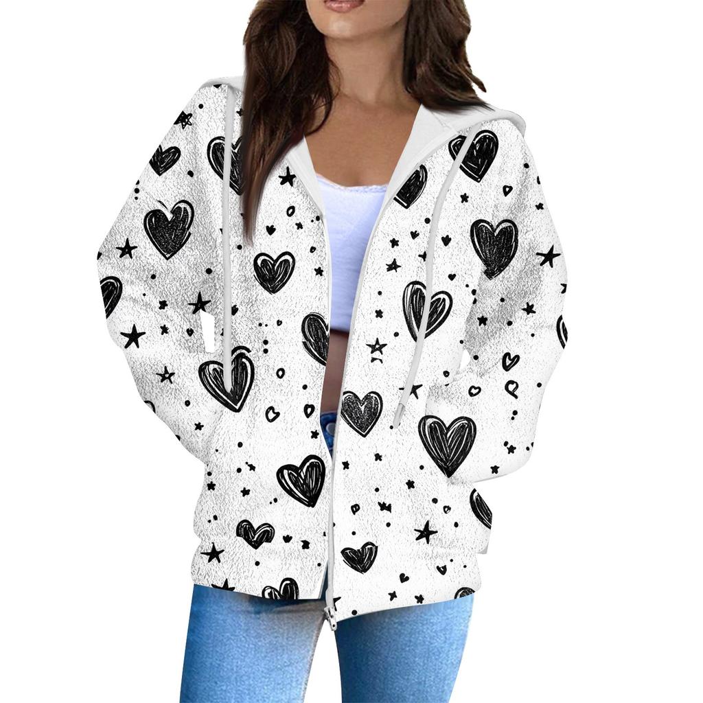 Women's Fashion Casual Long Sleeve Valentine's Day Print With Pocket Zipper Cardigan Jacket
