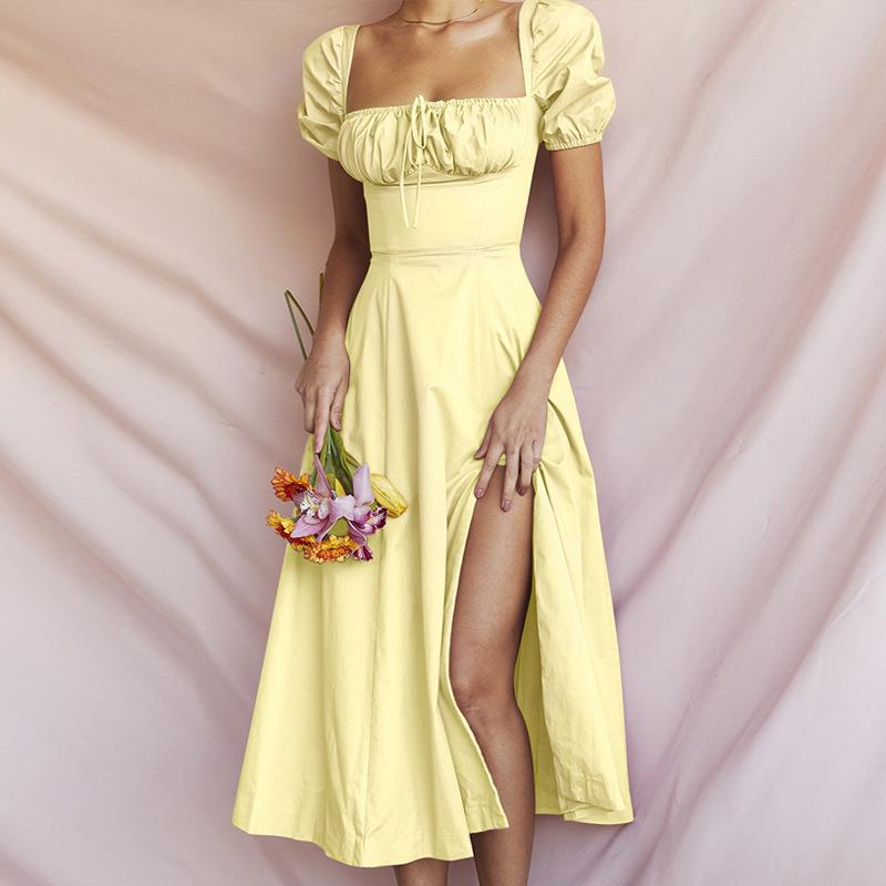 Весна 2026 Курортный Стиль Платье Макси С Открытыми Плечами Со Разрезом: Элегантный французский дизайн на шнуровке для женщин
