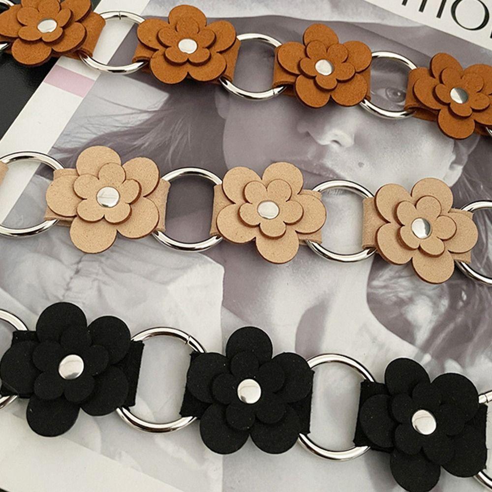 Double Small Flowers PU Leather Belt Adjustable Strap Waist Rope New Waistchain  Women Girls