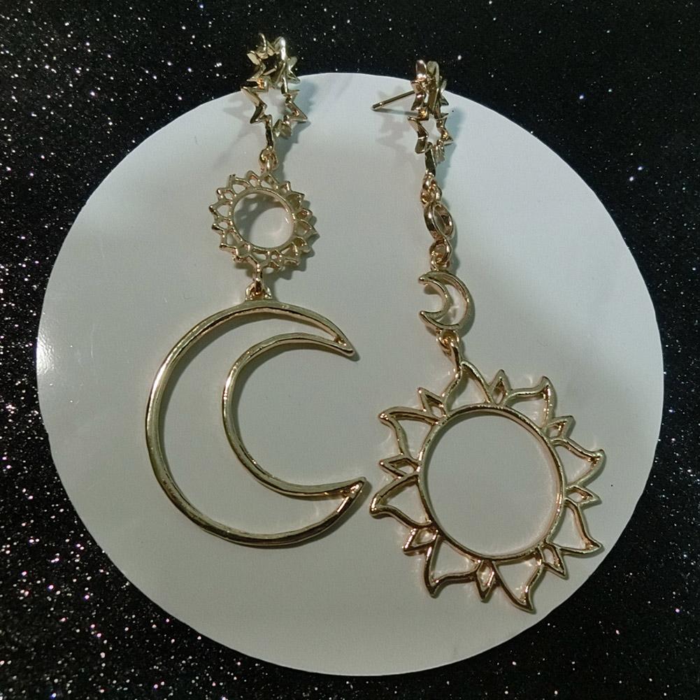 Women Stylish Sun Moon Asymmetric Earrings Simple Long Tassel Earrings