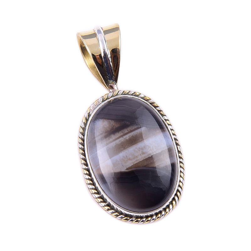 Natural Botswana Agate Gemstone 925 Solid Silver Two Tone Pendant 1.50'' c2Z87