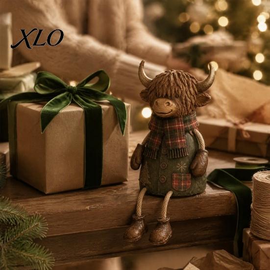Decorative Figurine for Mantle Christmas Highland Cow Figurine, Cute Ornament with Retro Plaid Clothing Farmhouse Holiday Tabletop Shelf And