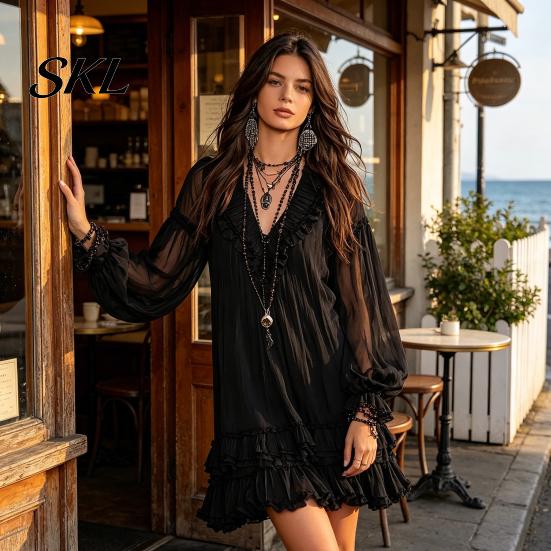 Loose Straight Skirt Dress Women's Summer Mini Dress, Sheer Mesh Long Sleeve Tiered Ruffle Deep V Neck Swing Casual Beach Vacation Short Wrinkle