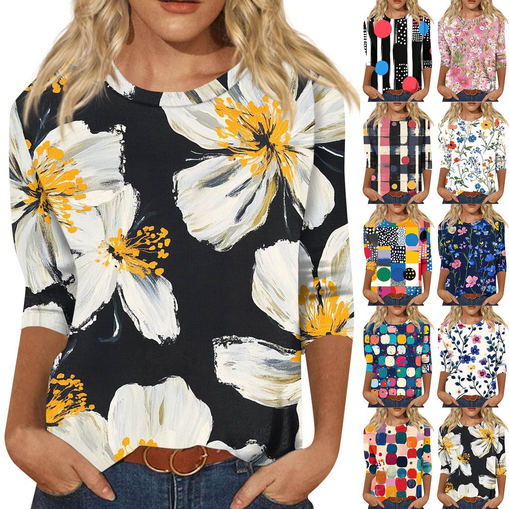 Women's Fashion Casual Seven Sleeve Printed Round Neck T-Shirt Top