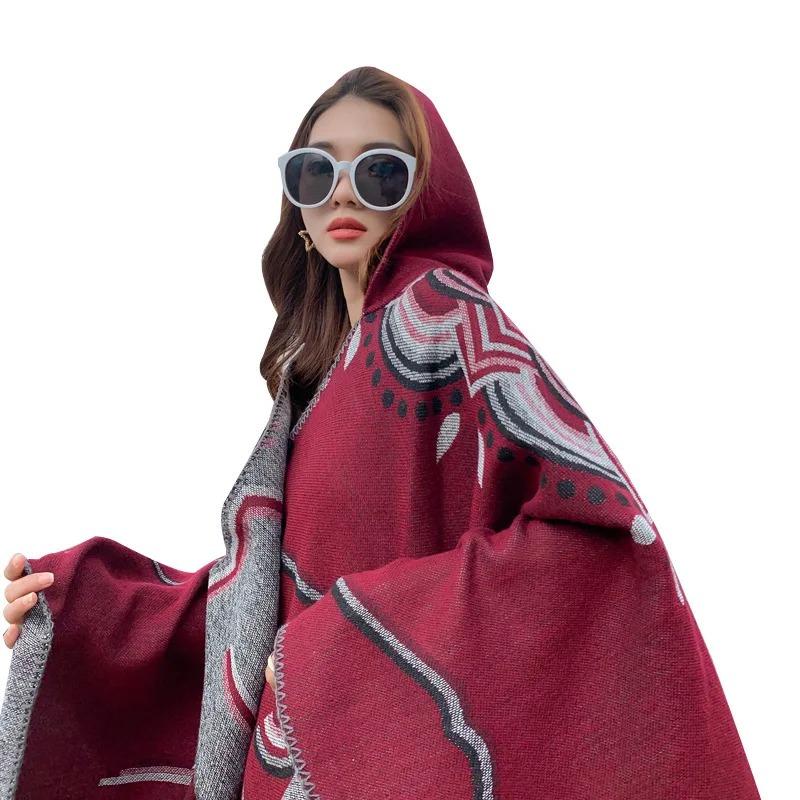 21 Style Big Pendulum Cloak With Hat Arabic Poncho Women Leopard Pocket Shawl Cape Knitted Middle East Split Thick Warm Blanket