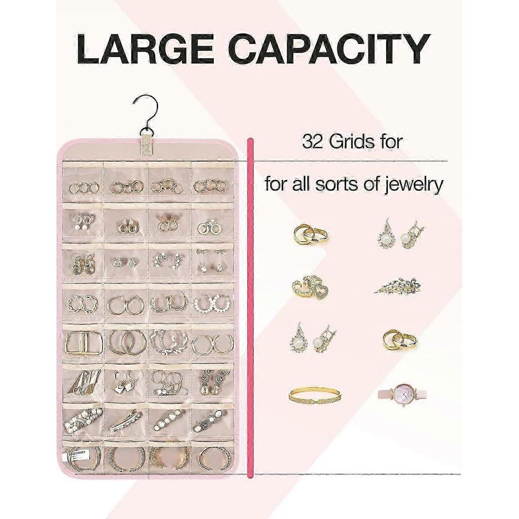 Double-sided Jewelry Storage Box for Earrings, Necklaces, Can Be Hung On Wardrobes, Walls, Doors, 1 Piece, Pink less