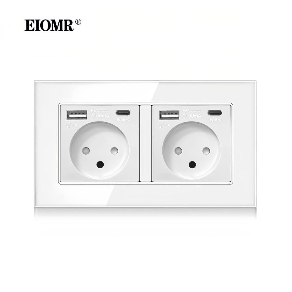 EIOMR 16A Израильская настенная розетка, USB A C порт для зарядки, Белая панель из хрустального стекла, Одиночная, Двойная, Тройная, Израильский тип C розетка