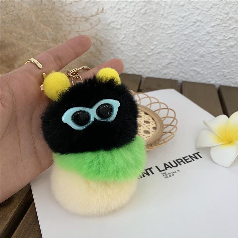 Bag Charm Cute Colorful Plush Caterpillars With Sunglasses Soft Rabbit Fur Animal Pompom Pendant With For Women