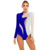 Womens Color Block Patchwork Leotard Sparkle Rhinestone Sheer Mesh Long Sleeve Bodysuit Gymnastics Acrobatics Dancewear