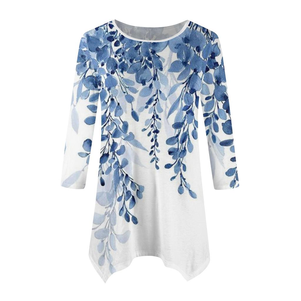 Женская модная повседневная рубашка с круглым вырезом и цветочным принтом, рукавами-семью, свободным удобным топом с поясом