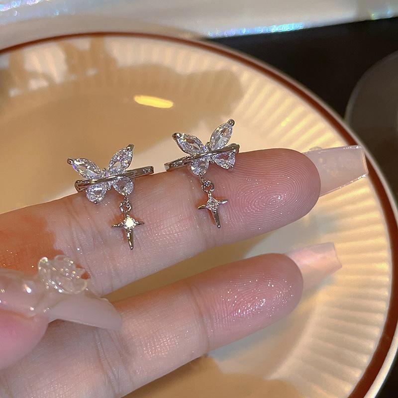 1Pair Y2K Shiny Zircon Butterfly Stud Earring Sweet Student Jewelry Accessories French Simple Crystal Clip Earrings Daily Wear