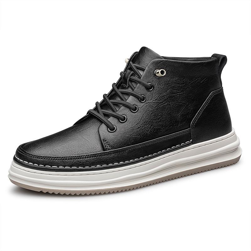 Men's Mid-Top Round Toe Lace-Up Leather Casual Shoes with Height Boost