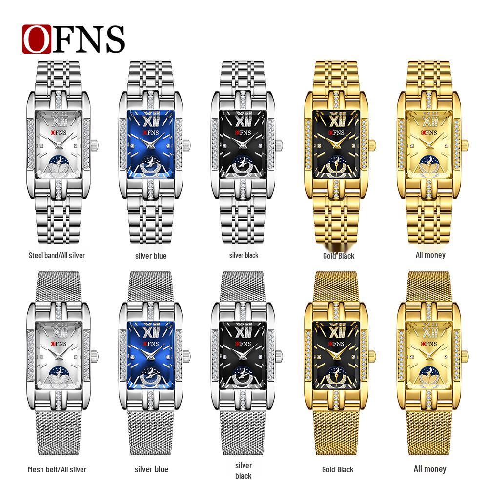 Женские квадратные часы OFNS - Хит Douyin, Роскошные и Модные, Кварцевые с 2.5 стрелками, Водонепроницаемый дизайн