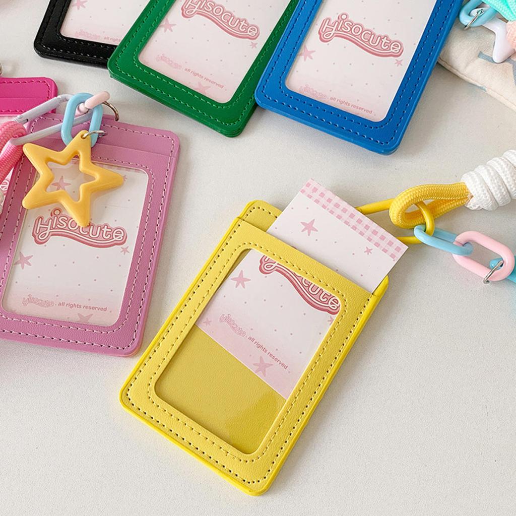 Cute PU Leather Card Sleeve Ins Candy Color Woven Rope Keychain Photo Card Holder Star Pendent Bus Card Storage Bag