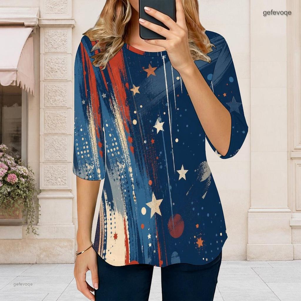 Women Plus Size Round Neck Three Quarter Sleeve Printed T Shirt Red Navy Silver Star Pattern Curved Hem