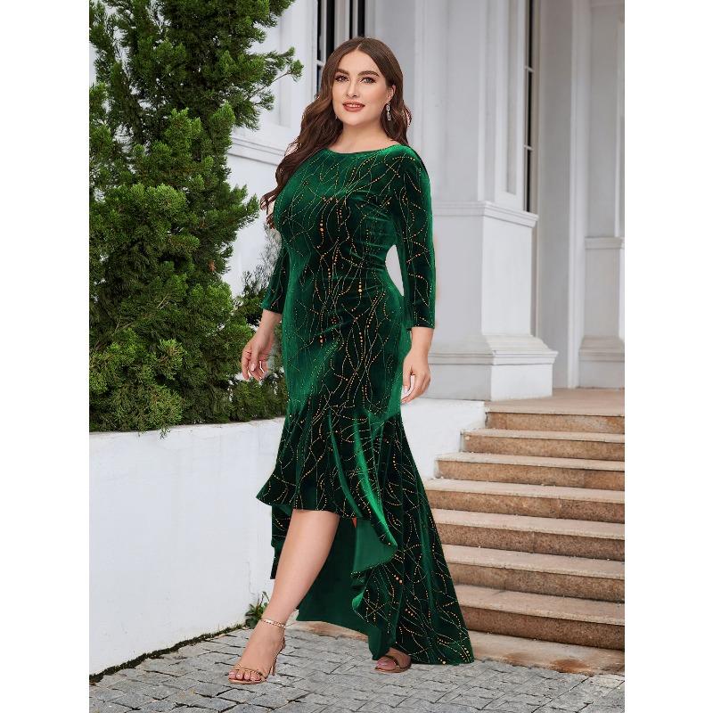 Women's Dress Plus Size Three-quarter Sleeve Mermaid High Low Hem Extra Long Velvet Dresses