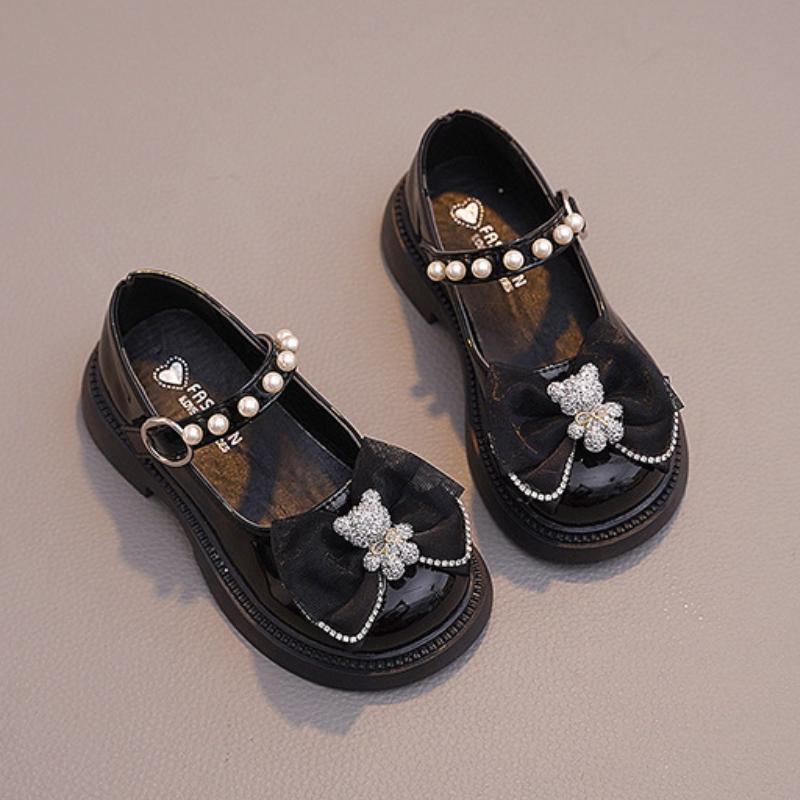 Новые туфли для девочек, модные, с бантом, круглым носком, резиновая нескользящая подошва, милые, детские, повседневные, универсальные, школьные, черные, кожаные туфли на плоской подошве