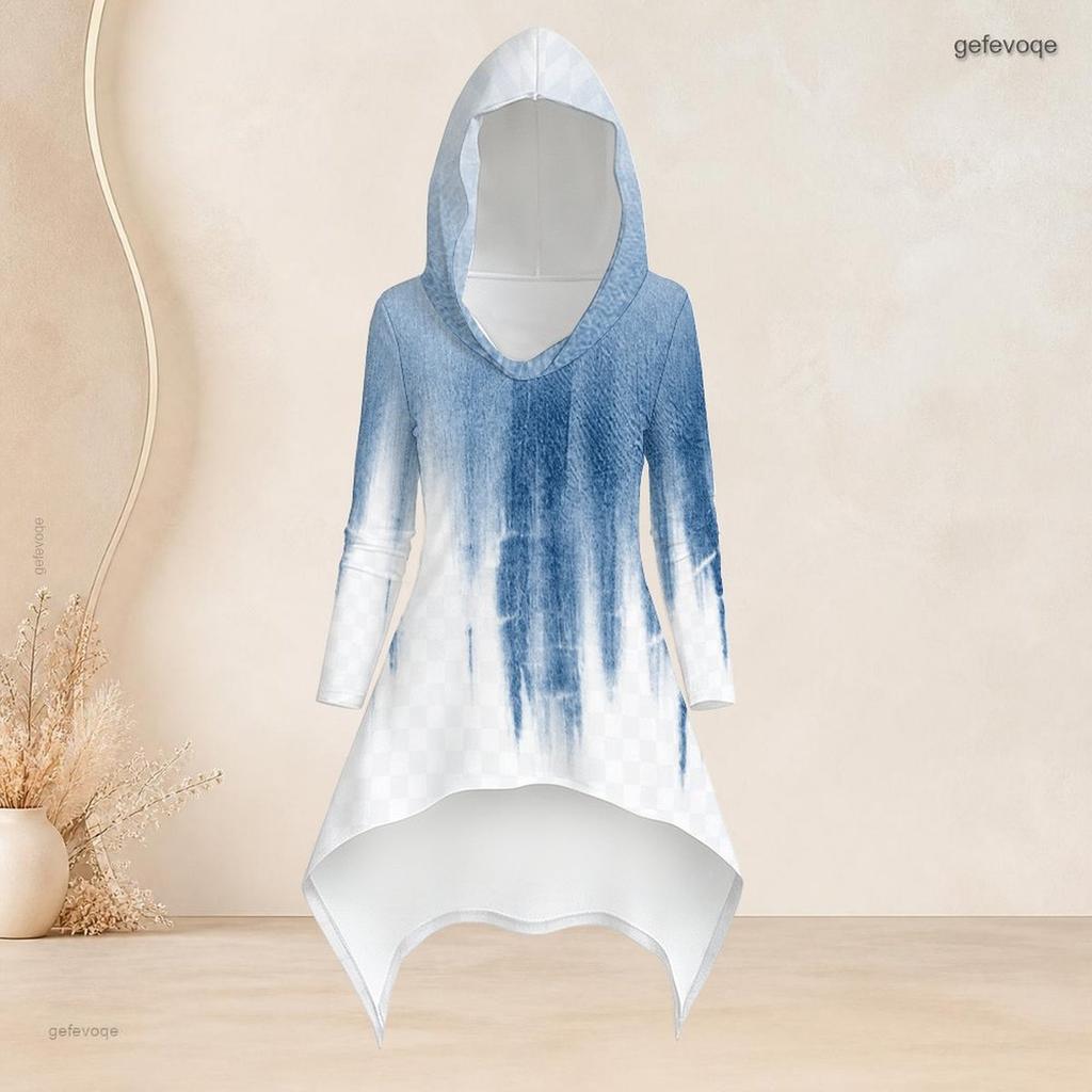 Women Plus Size Hooded Long Sleeve Printed High Low Top And Fitted Pants Two Piece Set