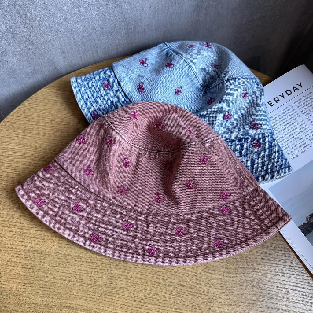 Summer Sun Shade Bucket Hat With Cotton Denim Material And Embroidered Cartoon For Women