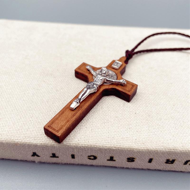 Простая религиозная вера Молитва Крещение Христианский Иисус Дерево Металл Крест Вощеный шнур Ожерелье Мужчины Женщины Аксессуары Ювелирные изделия Подарок