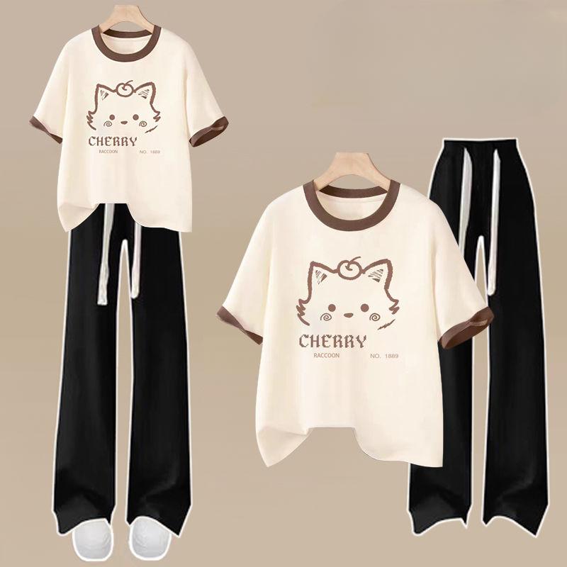 Костюм в стиле колледжа, женская летняя хлопковая футболка с короткими рукавами, спортивные брюки, костюм-двойка