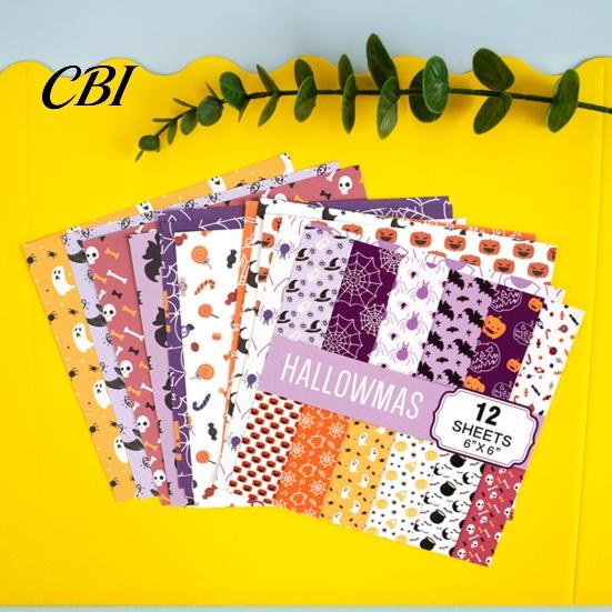 Paper Crafting Halloween Supplies 12 Sheets Scrapbook Set, 6x6in Double-Sided Craft Paper, Pumpkin Large Area Ghost Bat Pattern Decorative for