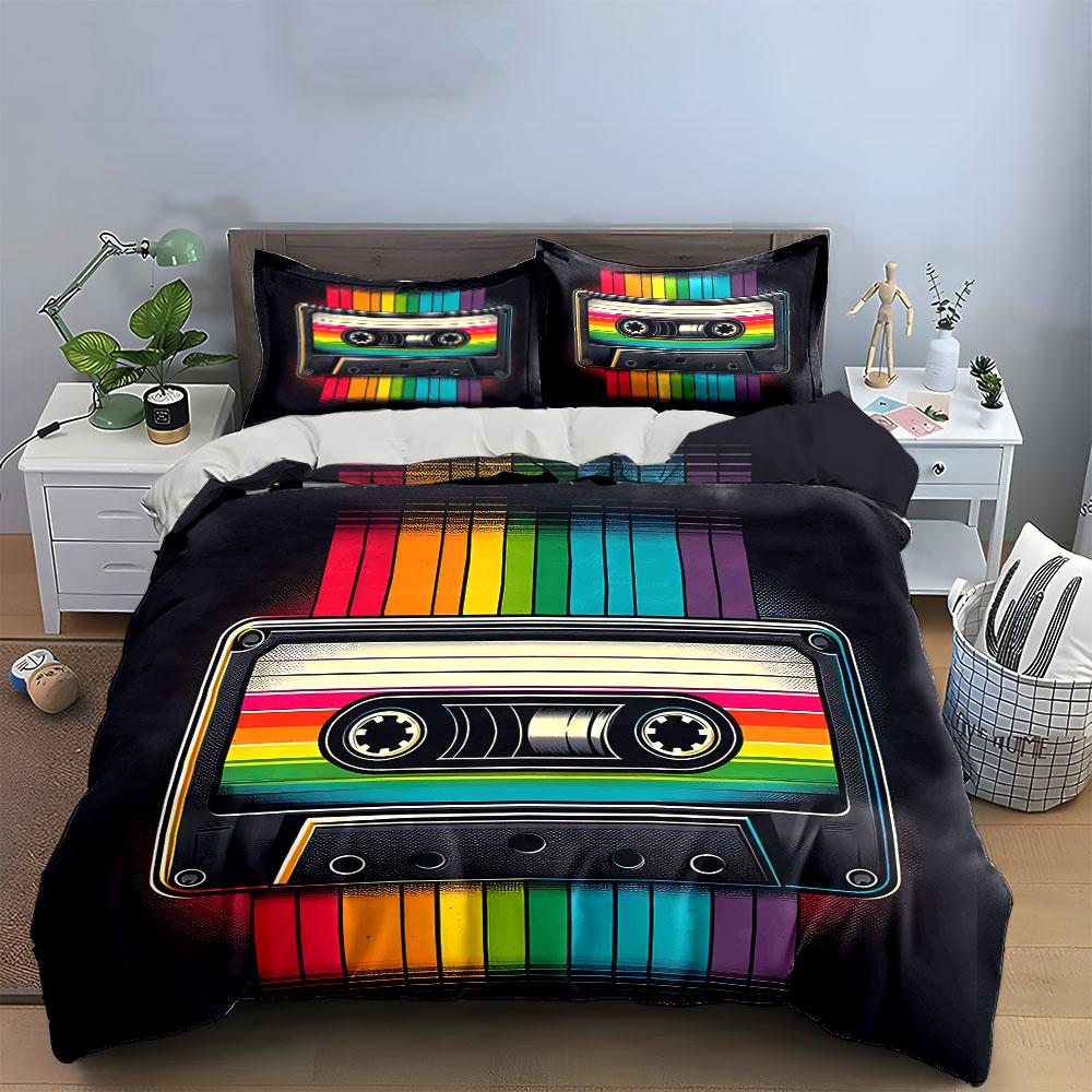 Retro Cassette with Rainbow Lines Bedding Duvet Cover Set Duvet Cover Pillowcases (1*Duvet Cover 2*Pillowcases, without duvet insert)