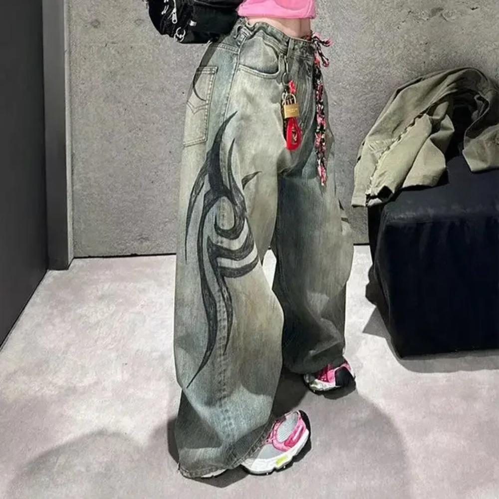 RogueWave Y2K Pink Baggy Jeans Vintage Printing Pattern Washed Ripped Jeans Hip Hop Streetwear Harajuku Men Women Casual Wide Leg Jeans