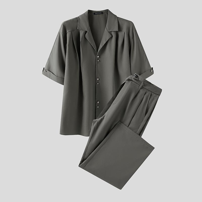 INCERUN Комплекты из двух предметов для мужчин с лацканами, с коротким рукавом, в полоску, рубашка, длинные брюки