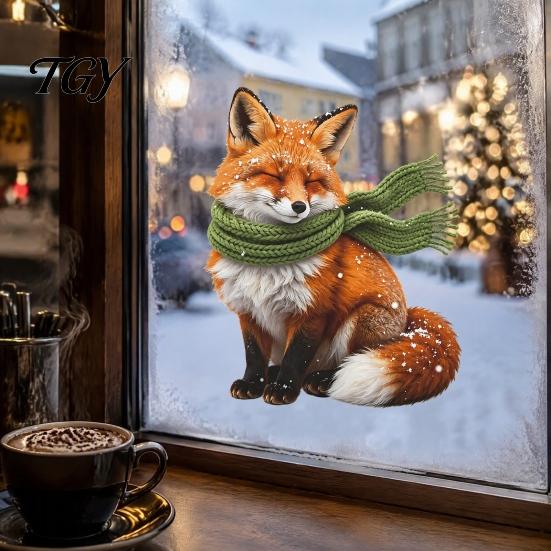 Reusable Seasonal Decor Fox Static Window Cling, Christmas Winter Glass Stickers, PVC Electrostatic Cling Removable Sticker Decal for Home Door