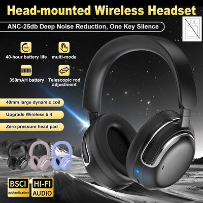 Беспроводная гарнитура с АШП Bluetooth 5.4 Наушники 25 дБ Глубокое шумоподавление Hi-Fi Аудио Наушники Накладные Регулируемые Нулевое давление Оголовье Амбушюры