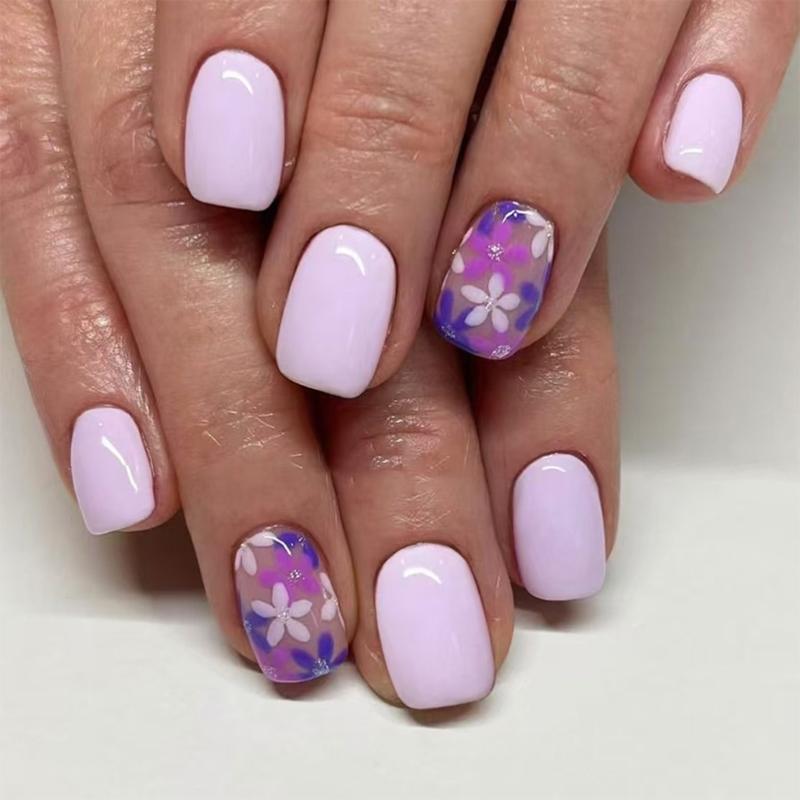 24 Pcs Short Square Press On Nail Flowers False Nail Purple Acrylic Nail Glossy Full Cover Stick on Nail for Woman