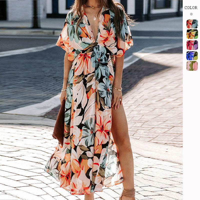 Summer women's new sexy high-waisted fashion printed split-ended dress women