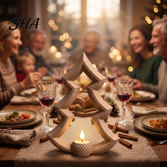 Unique Holiday Gift for Friends Christmas Tree Tea Light Candle Holder, 3D Printed Hollow Wood Elegant Shadow Tabletop Ornament Party Home Decor,