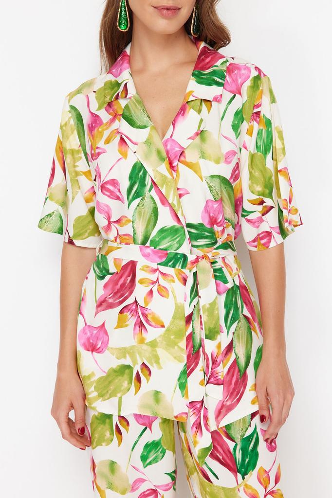 Women's Style Bottom-Top Set Clothes Floral Patterned Belted Woven Kimono Trouser Set