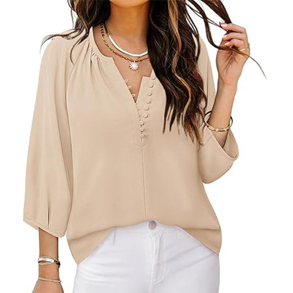 Women's Loose Casual Solid Color V-neck Seven Quarter Sleeved Button Up Shirt Button Up Shirt