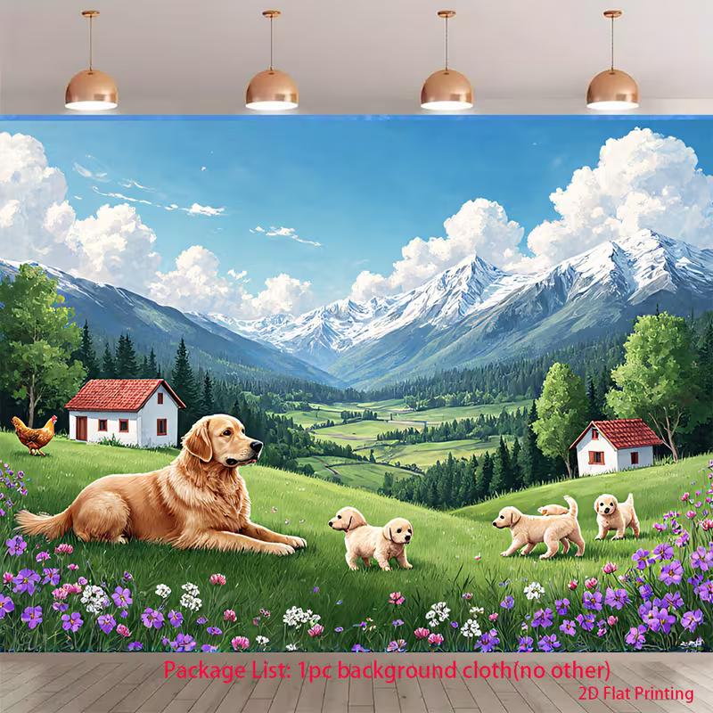 2D Puppies & Mom Backdrop Countryside Meadow Photography Background Cloth