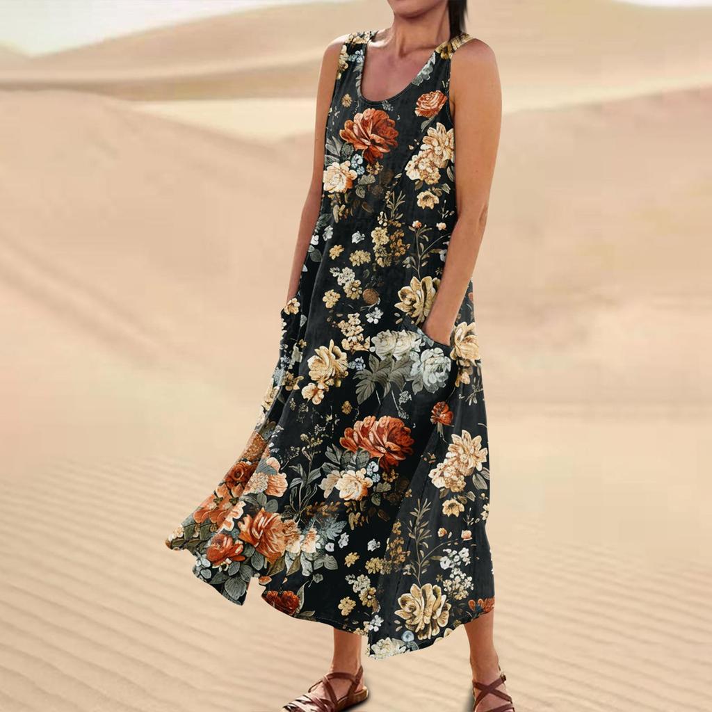 Женское повседневное удобное хлопковое карманное платье без рукавов с цветочным принтом