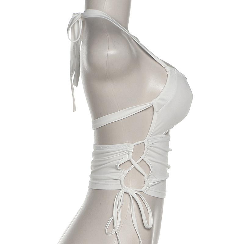 Y2K Sexy Backless Summer Crop Top Women Hollow Out 2024 White Sleeveless Bandage Halter Tank Tops Streetwear Cami 90s