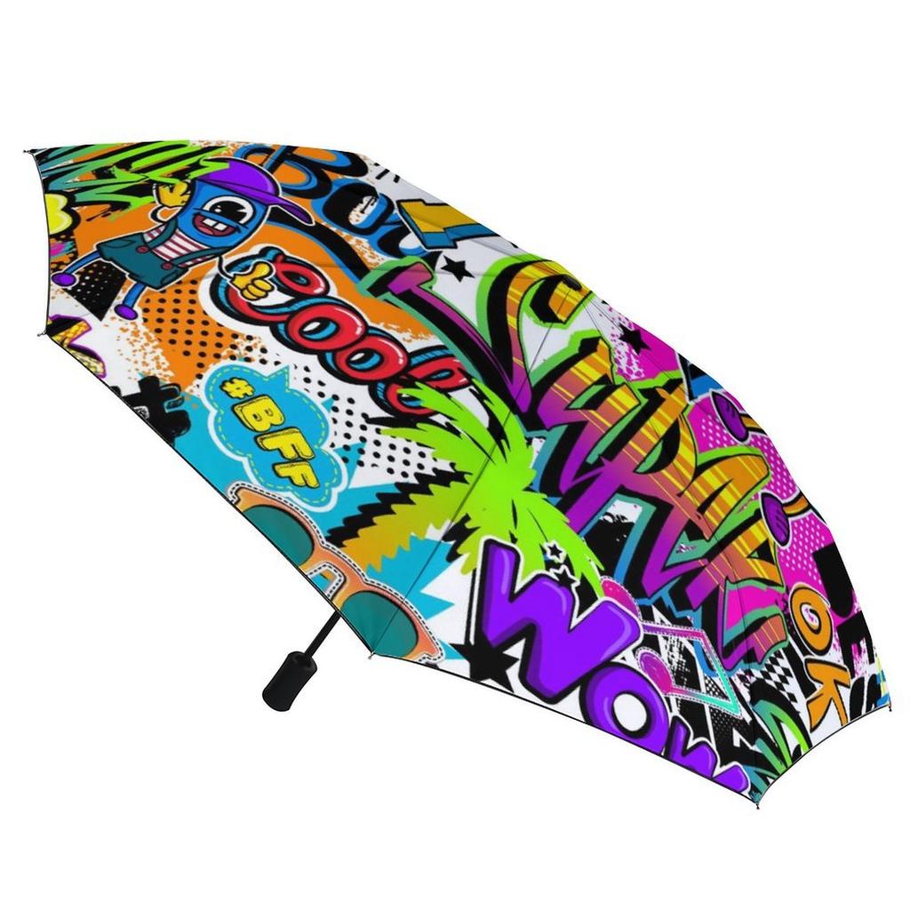 1 Pack Automatic Umbrella With Waterproof Black Coating And Wind Resistant Frame For Travel With Graffiti Inspired Tone
