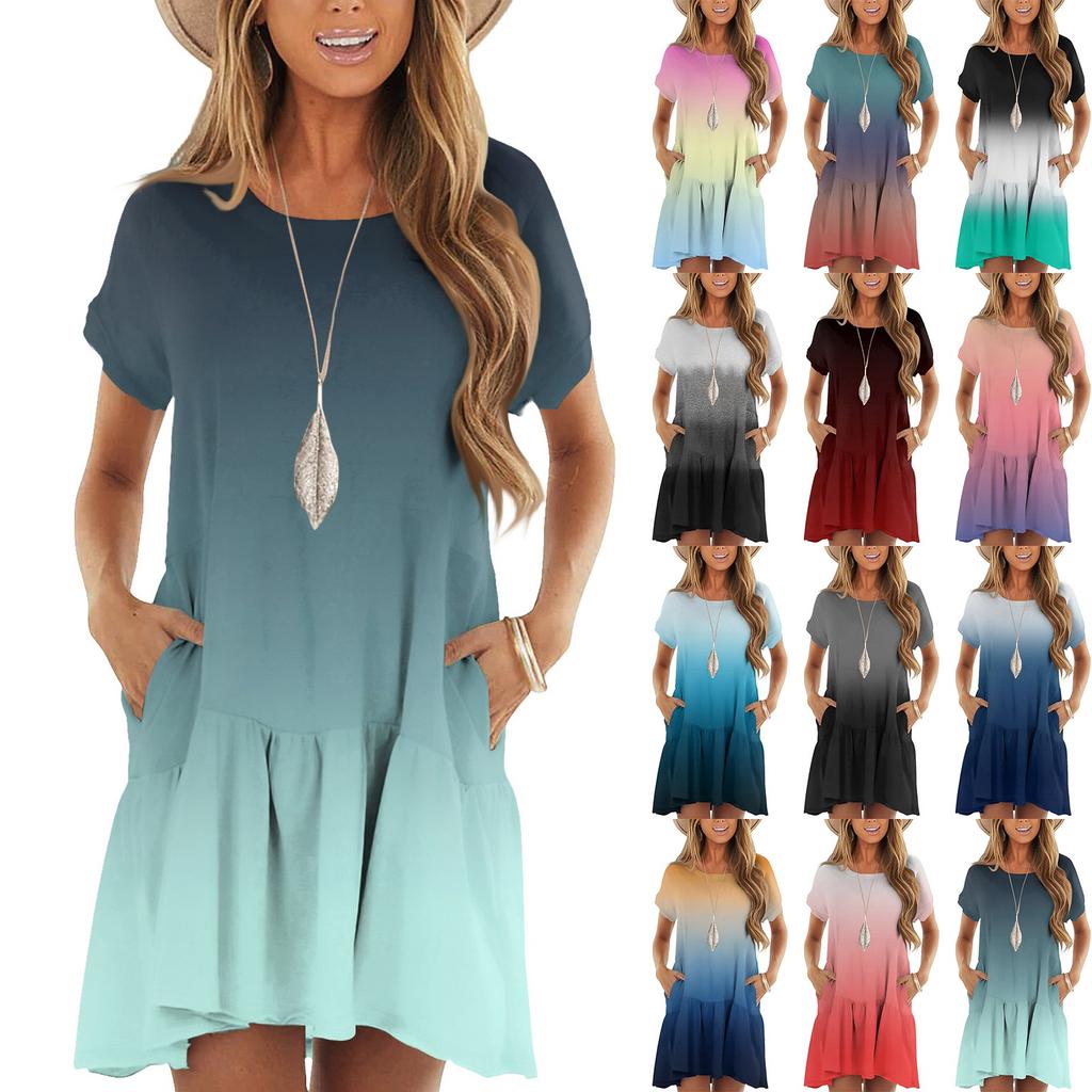 Women's Fashion Casual Round Neck Short Sleeve Ruffle Gradient Printed Dresses