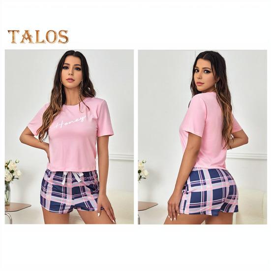 2 шт./компл., женский летний пижамный комплект с круглым вырезом и буквенным принтом, футболка с короткими рукавами и эластичной резинкой на талии, клетчатый узор, домашняя одежда, комплект из двух предметов, одежда для сна