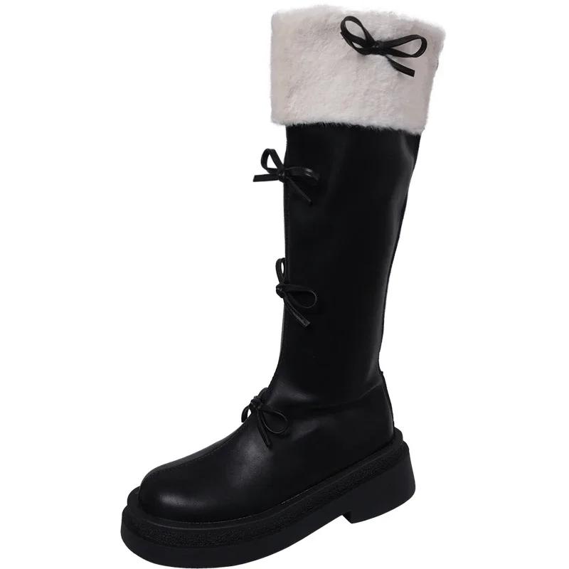 Fashion Sweet Butterfly Knot Woman's Boots 2025 New Korean Style Fashion Brown High Boots Plush Thickened Winter Ladies Knee-High Boots