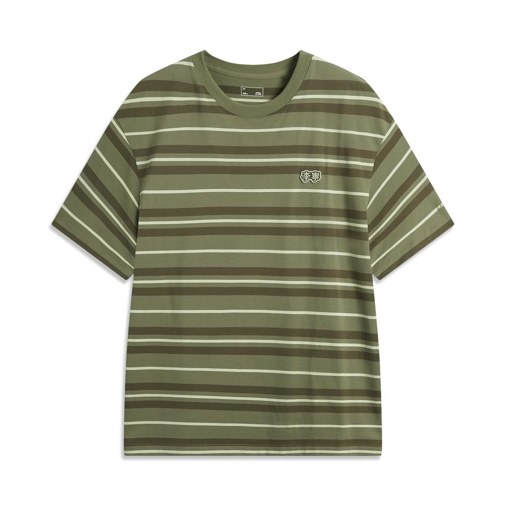 Li Ning Casual Striped Round Neck T-Shirt Men Tops Deep-Moss-Green ATSV515-6